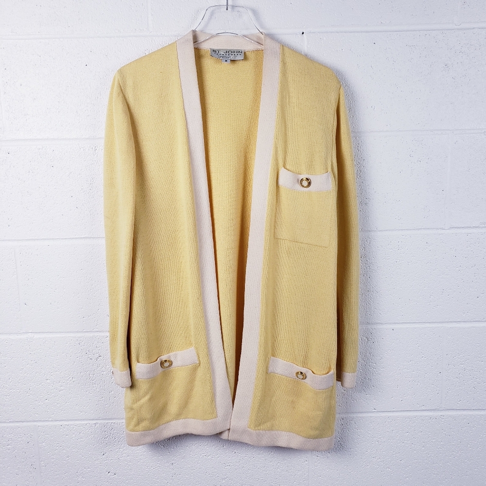 St. John Sportswear Yellow Open Front Santana Knit Long Sweater Cardigan Medium‎
